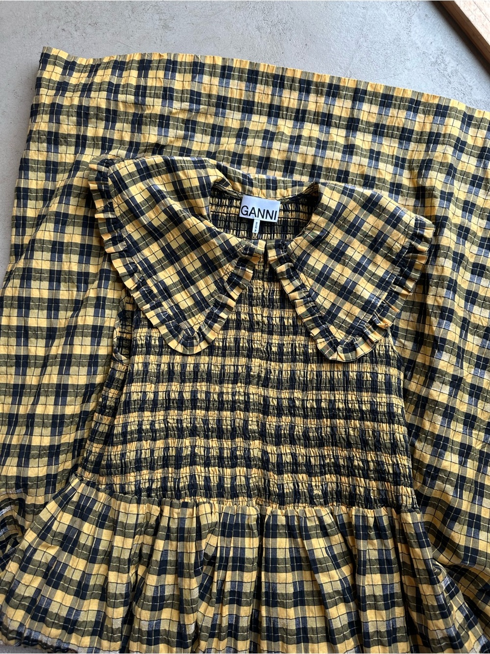 GANNI Shirred ruffle-trimmed checked cotton-blend midi dress - Picture 4 of 7